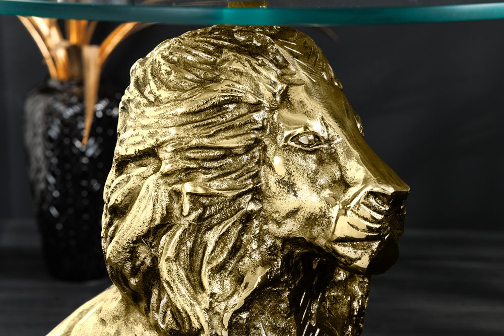 Runder Beistelltisch WILDLIFE LION 60cm gold antik Metall Glas Löwen Skulptur