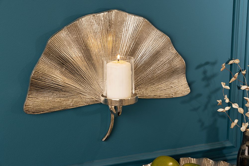 Dekorativer Kerzenhalter GINKGO 44cm silber handmade Metall Wandteelicht
