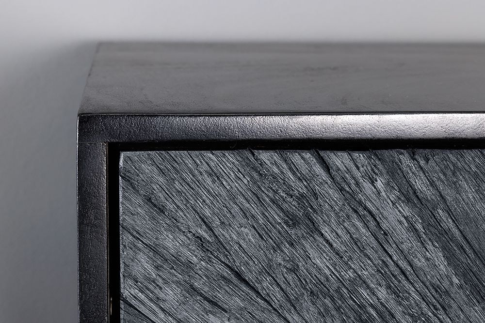 Massives Highboard BARRACUDA 120cm grau Mangoholz mit Teakholz-Front schwarz Metall