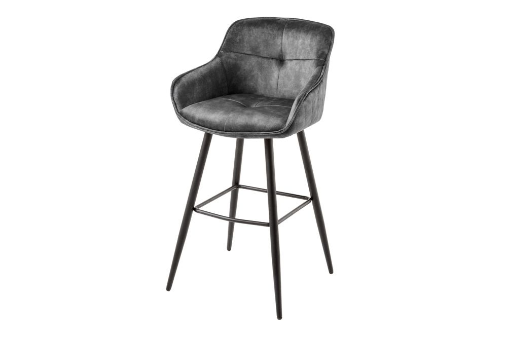 Design Barhocker EUPHORIA grau Samt schwarze Metallbeine Barstuhl mit Lehne