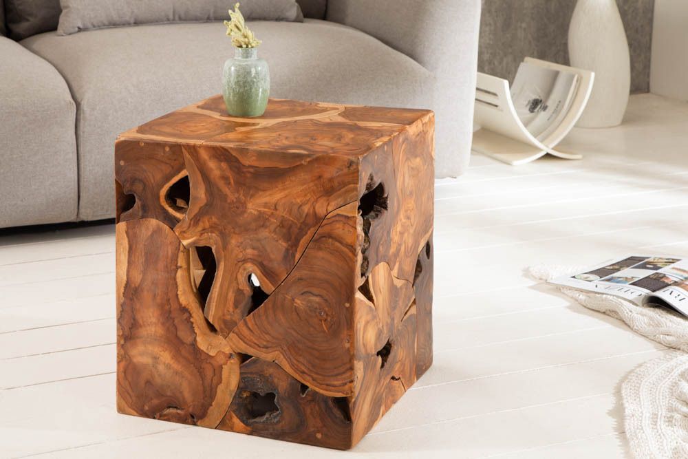Massiver Beistelltisch SQUARE 40cm Teakholz Würfel Sitzhocker