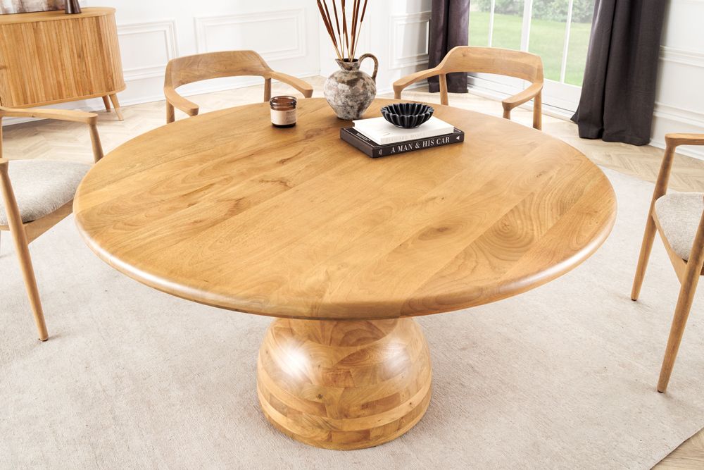 Massiver Esstisch MAESTRO 130cm creme Mangoholz rund mit Säulenfuß