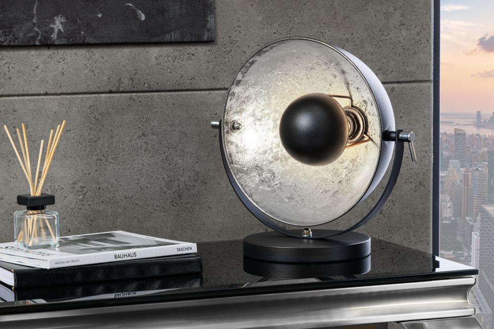 Industrial Design Tischlampe STUDIO 40cm schwarz Blattsilber-Optik neigbarer Schirm
