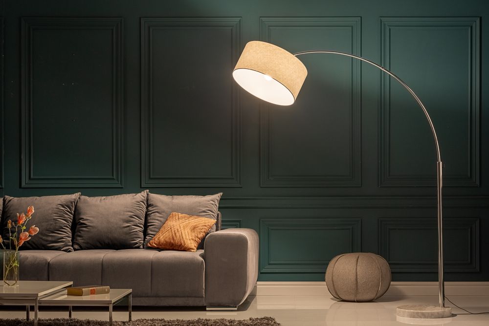 Ausziehbare Bogenlampe LOUNGE DEAL 170-200cm weiß Leinenschirm Stehlampe