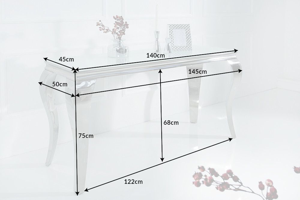 Eleganter Konsolentisch MODERN BAROCK 145cm weiß Edelstahlbeine Opalglas