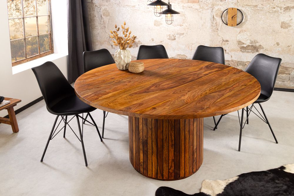 Runder Esstisch TRES CHIC 120cm braun Sheeshamholz stone finish massiv mit Säulenfuß » Jetzt kaufen