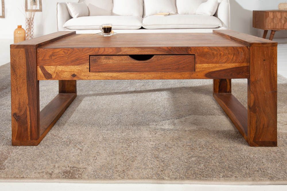 Massivholz Couchtisch MARKANT 100cm braun Sheesham stone finish Schublade Stauraum