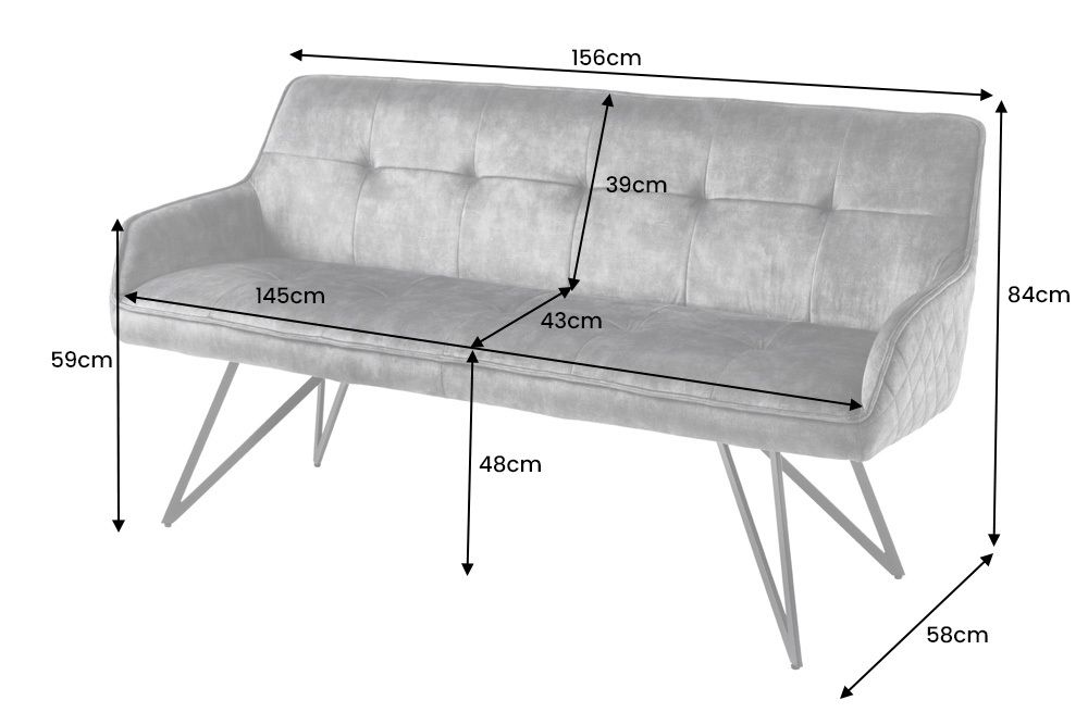 Design Sitzbank EUPHORIA 160cm dunkelgrau Samt Retrostil Ziersteppung Hairpin Legs Metallbeine Armlehnen