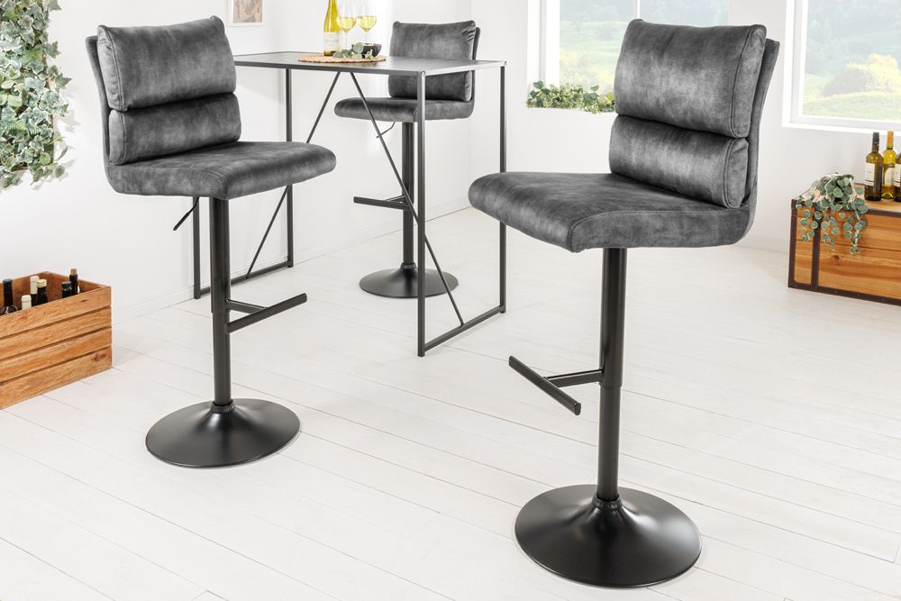 Höhenverstellbarer Barhocker COMFORT dunkelgrau Samt drehbar mit Lehne Metall schwarz