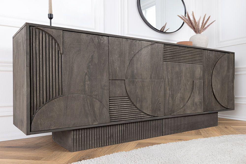 Massives Sideboard ART DECO 170cm grau Mangoholz 3D-Front