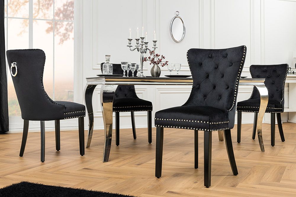 Chesterfield Stuhl CASTLE schwarz Samt Massivholz Ziernieten mit Komfortgriff