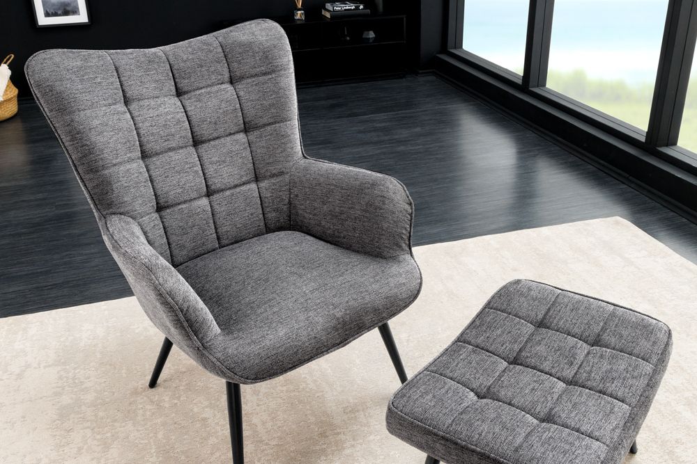 Moderner Sessel SCANDINAVIA grau Strukturstoff schwarze Metallbeine mit Armlehnen