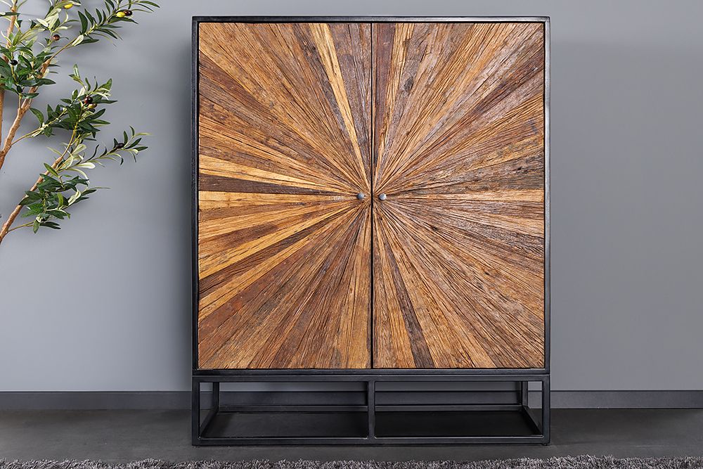 Massives Highboard BARRACUDA 120cm braun Mangoholz mit Teakholz-Front schwarz Metall