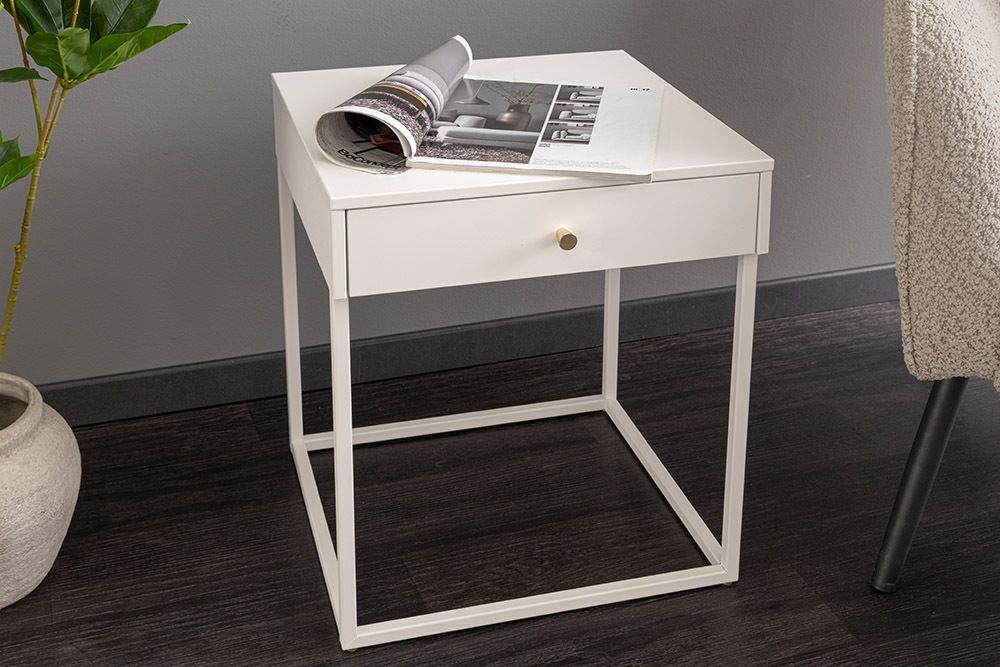 Industrial Beistelltisch SLIM LINE 50cm weiß Metall mit Schublade Nachttisch