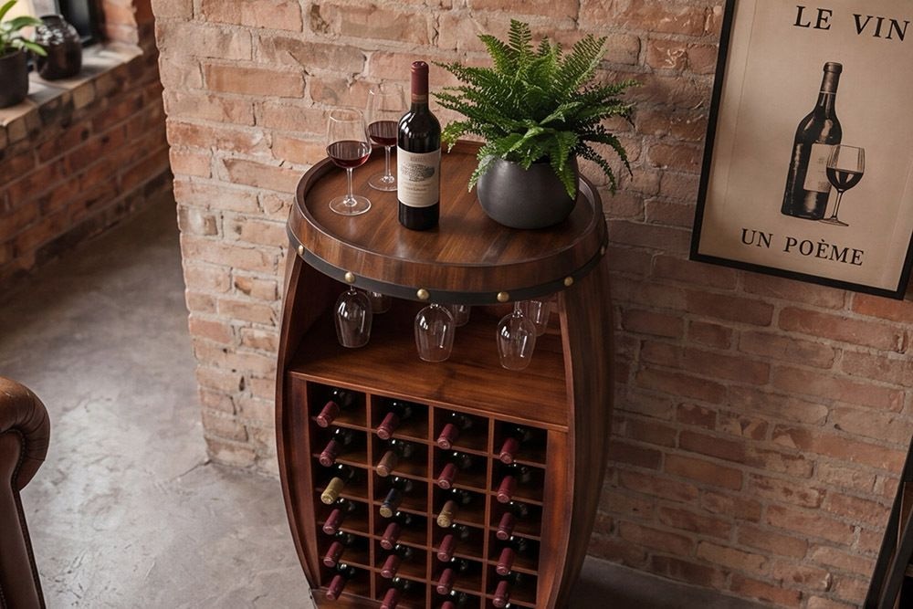 Massives Weinregal BODEGA 97cm coffee braun Pinie Fass-Bartisch für 24 Flaschen