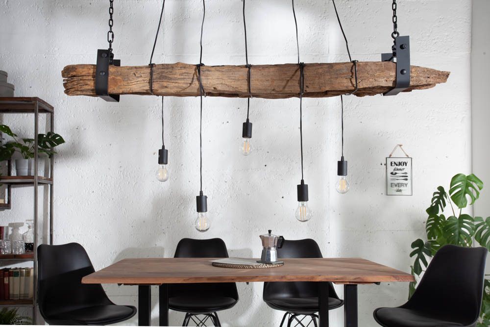 Industrial Hängelampe BARRACUDA 152cm recyceltes Massivholz mit 5 Leuchten