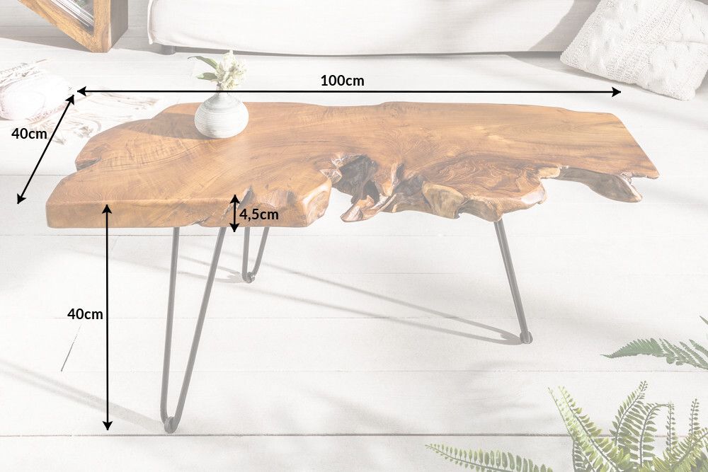 Massiver Couchtisch WILD 100cm Teak Massivholz Baumscheibe Hairpin Legs