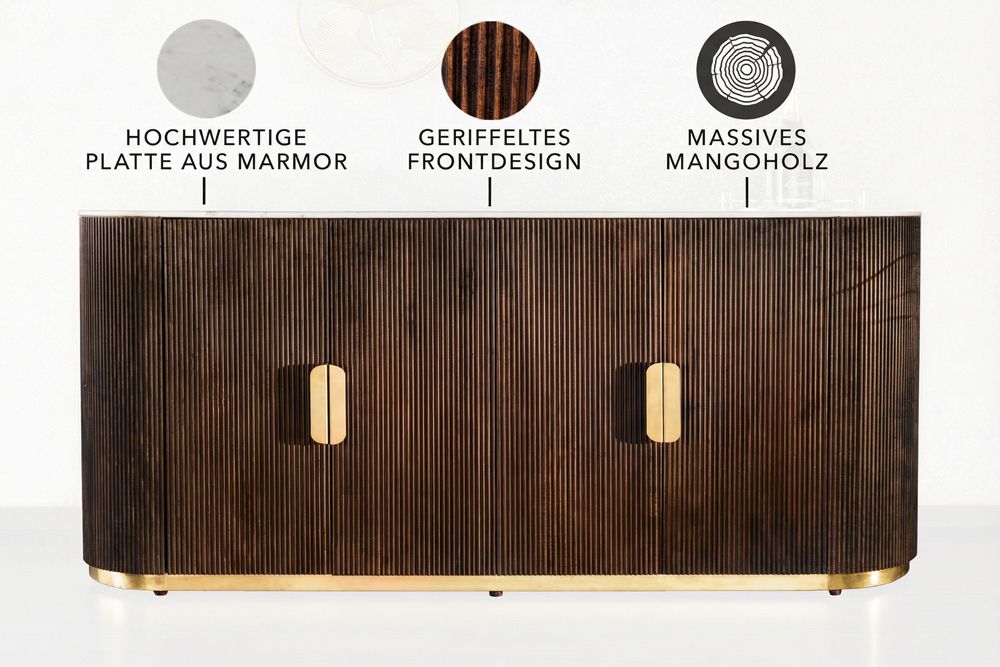 Design Sideboard GATSBY 170cm braun gold Mangoholz weiße Marmorplatte