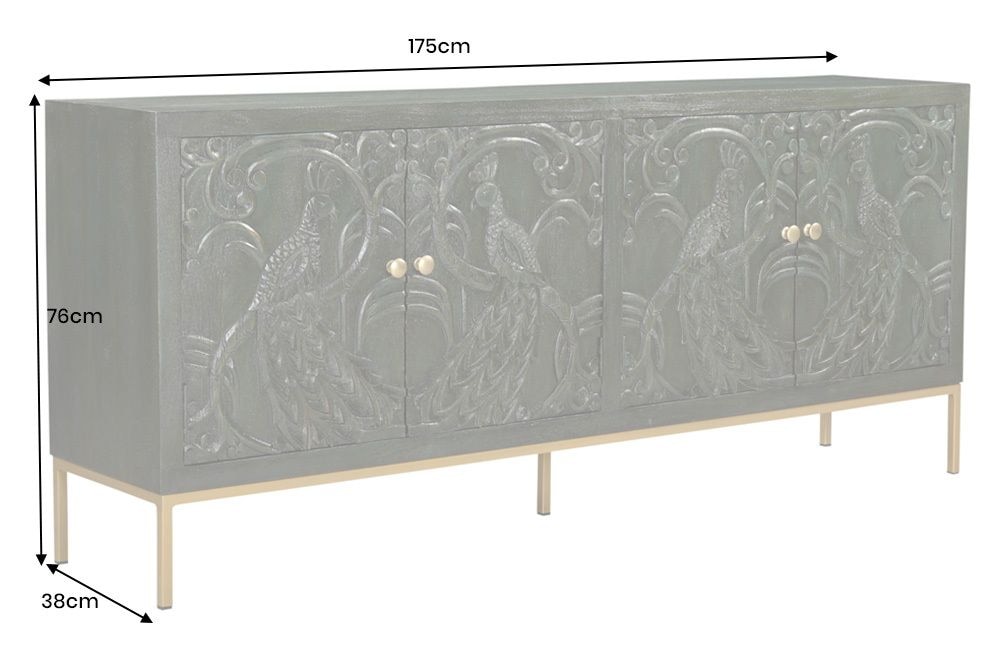 Massives Sideboard PEACOCK 175cm grün Mangoholz antik 3D Schnitzerei Pfau-Design