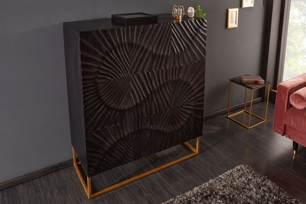 Massives Highboard SCORPION 120cm schwarz Mangoholz aufwendige 3D Schnitzereien