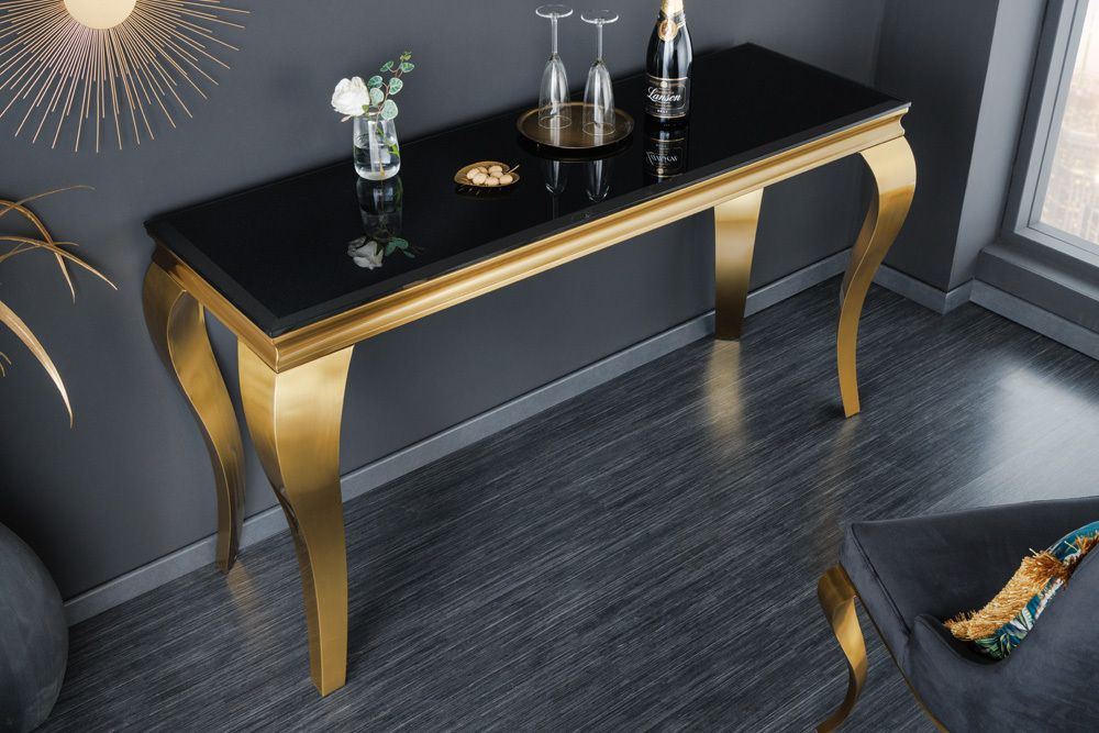 Eleganter Konsolentisch MODERN BAROCK 145cm schwarz gold Opalglas Edelstahlbeine
