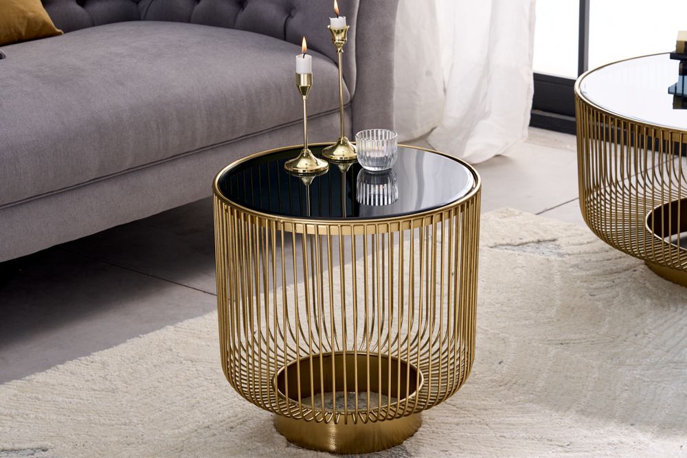 Filigraner Design Beistelltisch VARIATION 50cm gold Metall rund Schwarzglas Handarbeit