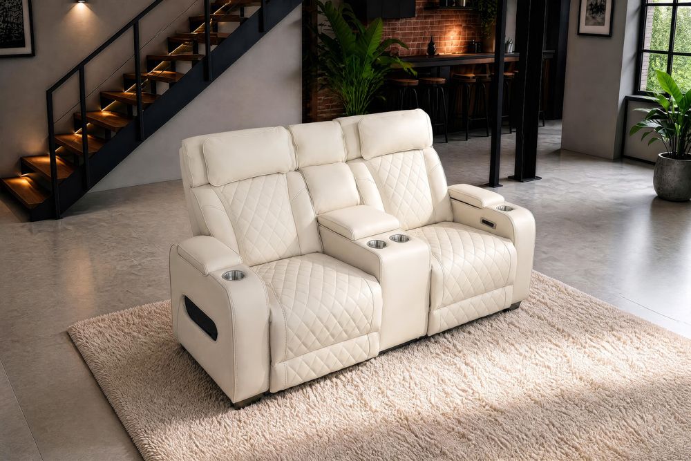 Elektrischer 2er Kinosessel HOLLYWOOD beige Kunstleder Relaxfunktion Getränkehalter