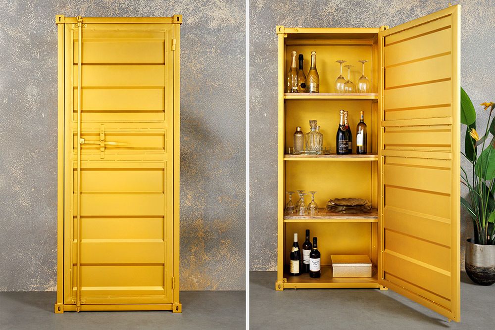 Design Aktenschrank GLOBETROTTER 180cm gold Eisen Container Upcycling Highboard