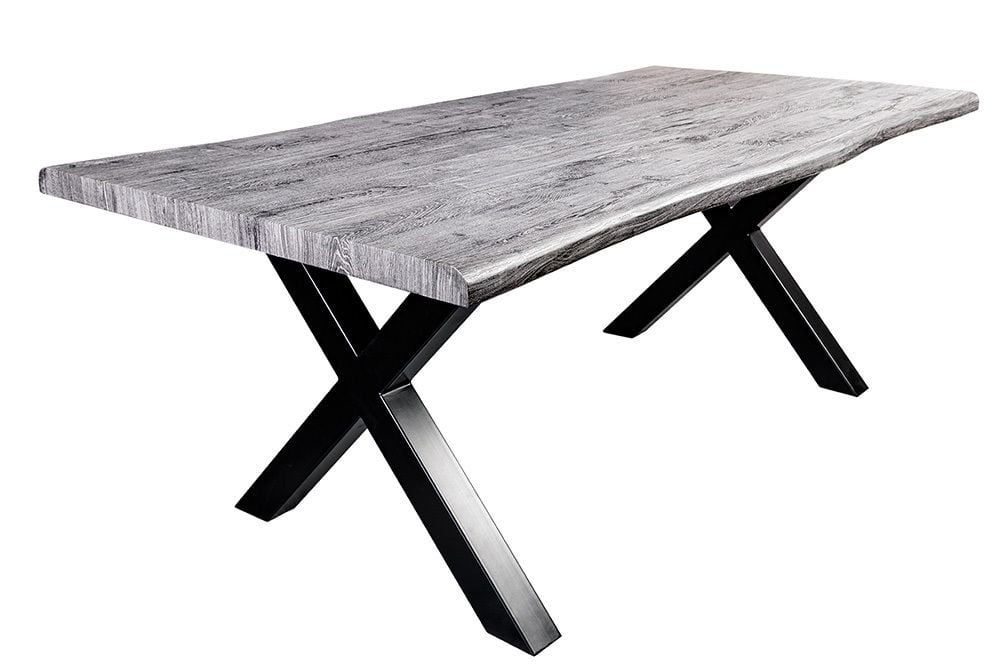Industrial Esstisch WILD 180cm grau gekälkt Wildeiche-Design Baumkante schwarz  X-Gestell