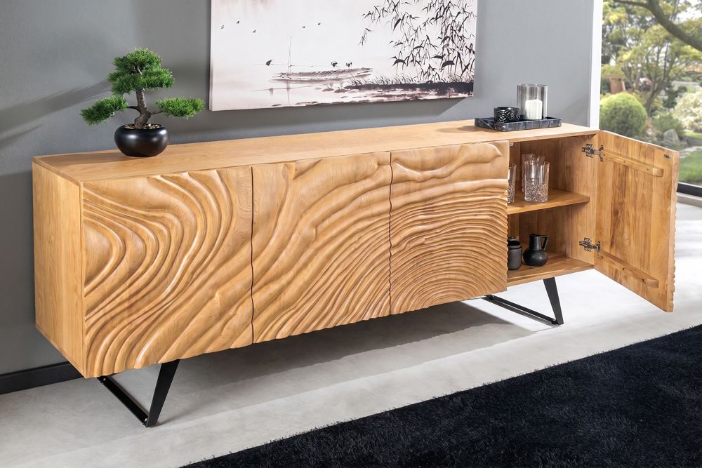 Massives Sideboard FLUID 175cm creme Mangoholz 3D-Design Kufengestell