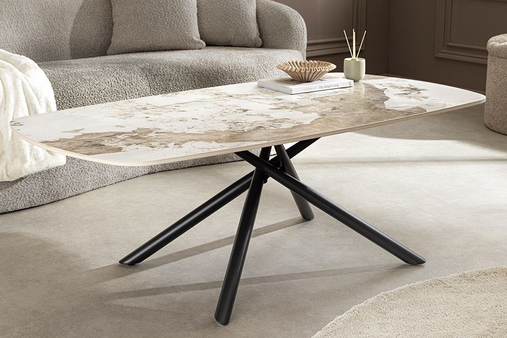 Design Couchtisch OSAKA 110cm weiß schwarz Pandora Keramik mit Sterngestell