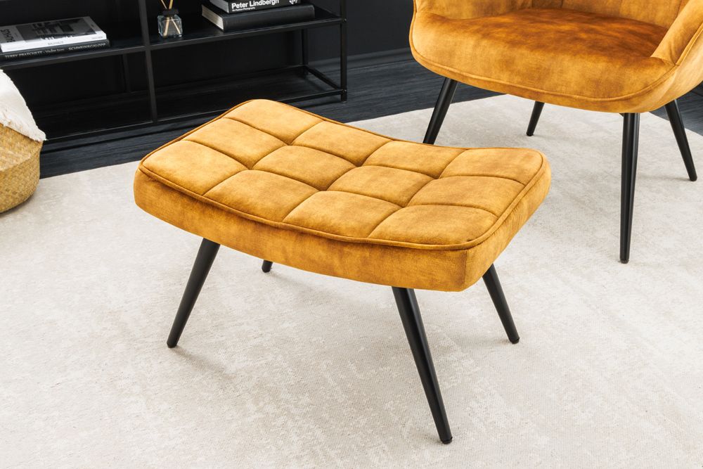 Moderner Hocker SCANDINAVIA senfgelb Samt schwarze Metallbeine Fußhocker