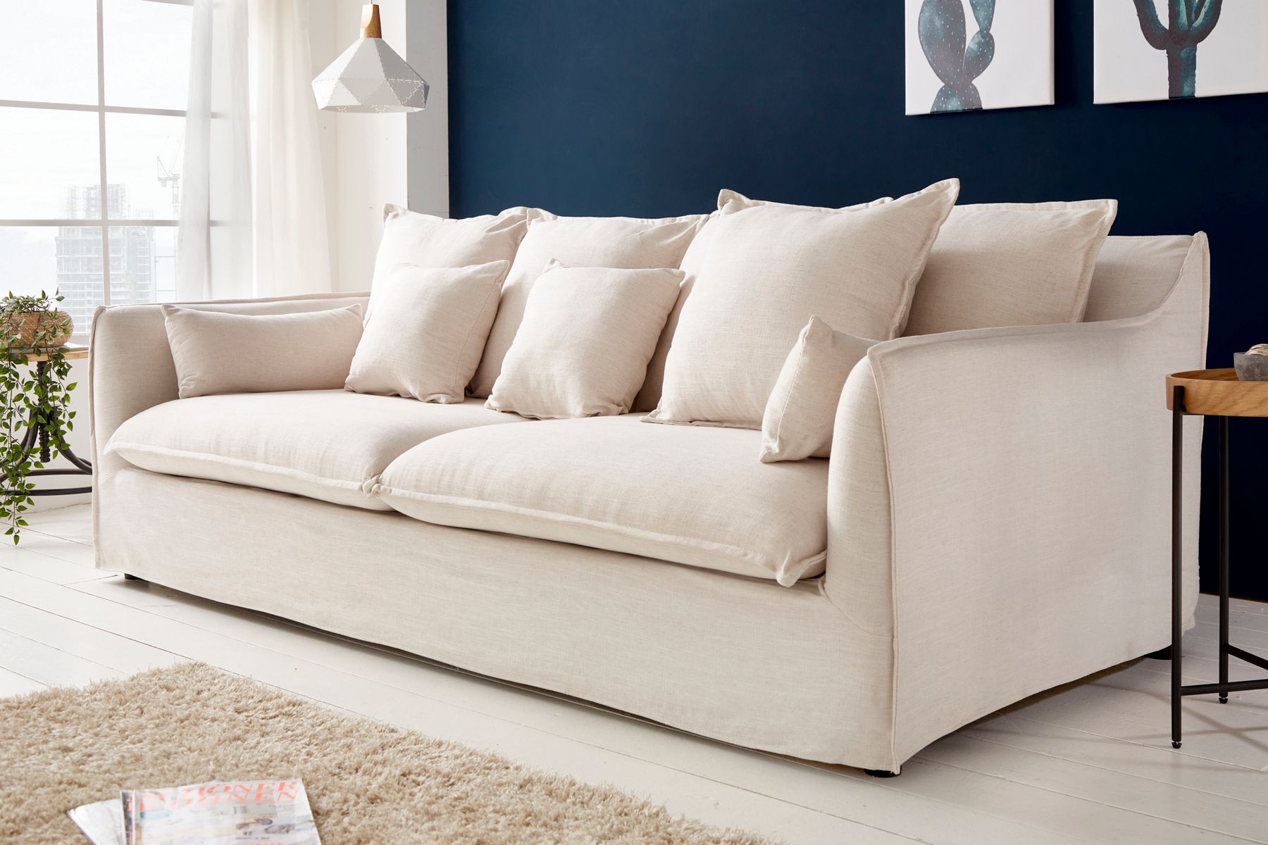 Großes 3-Sitzer Sofa HEAVEN 200cm natur beige Leinenstoff Federkern Hussensofa