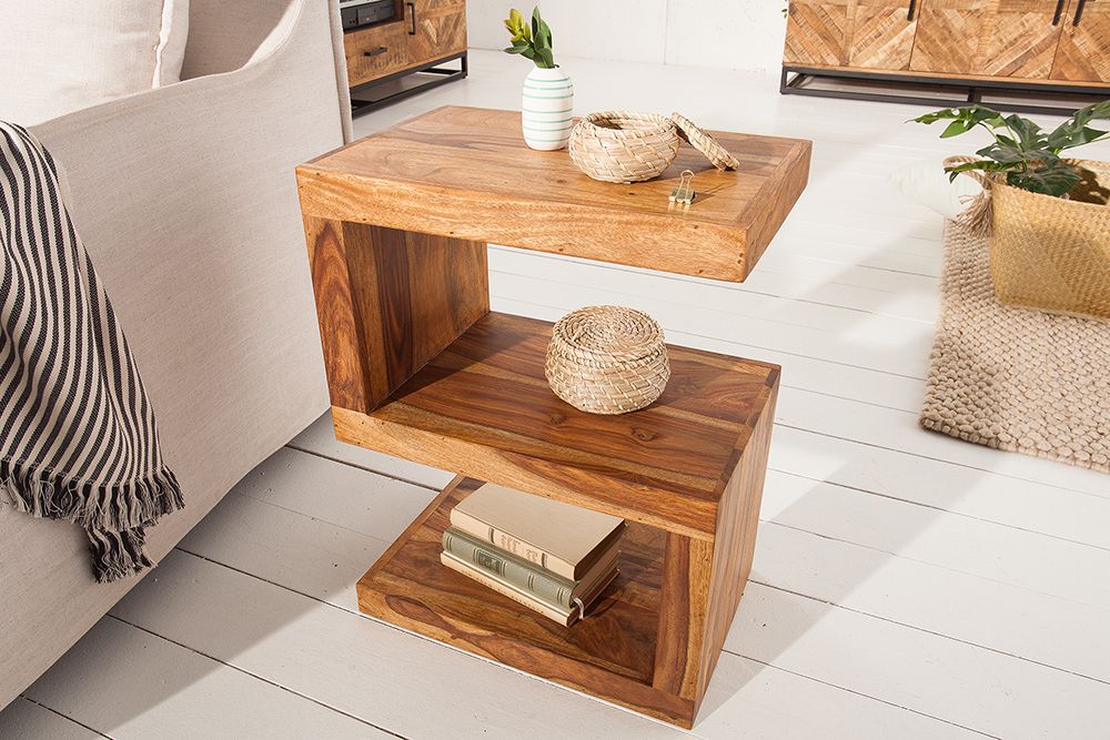 Handgearbeiteter Beistelltisch S 60cm braun Sheesham Massivholz stone finish Ablage