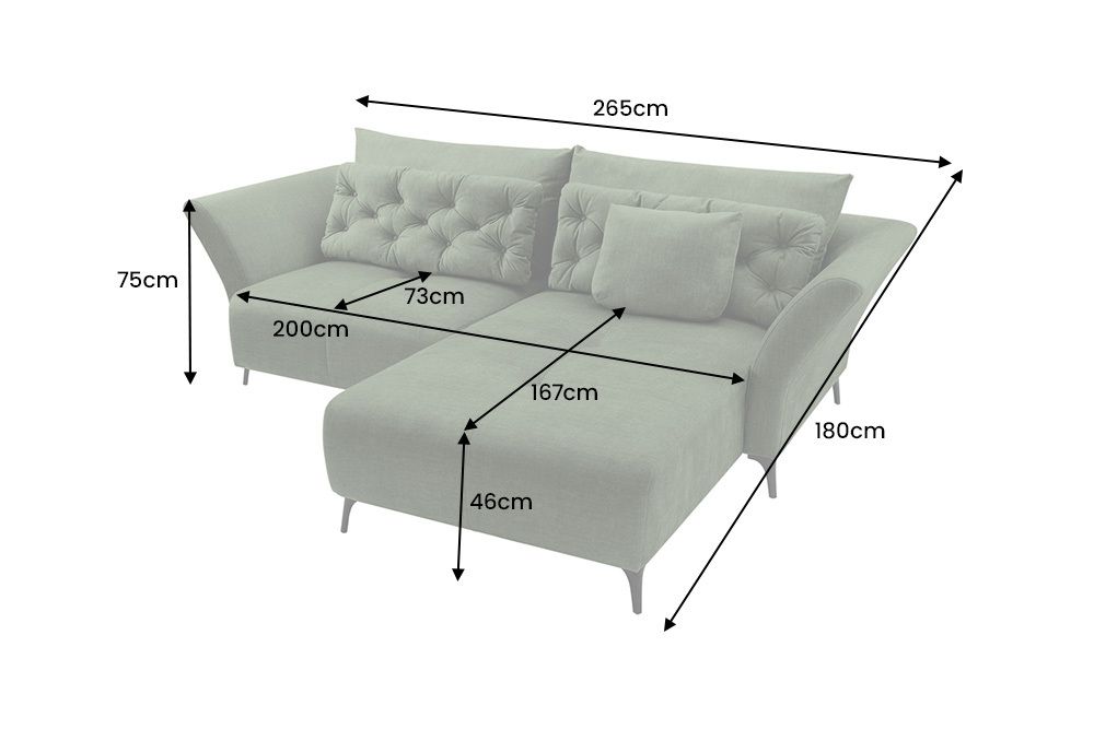 Modernes Ecksofa MARRAKESCH 265cm grün Samt 3-Sitzer inkl. Kissen Ottomane rechts