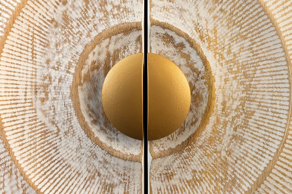 Massives TV-Lowboard GOLDEN SUNSET 180cm weiß gold Mangoholz 3D Schnitzereien Metallfüße