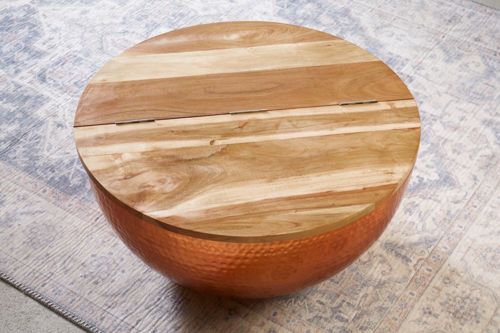 Runder Couchtisch ORIENT STORAGE 60cm kupfer Hammerschlag handmade Akazienholz mit Stauraum