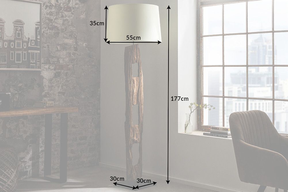 Massive Stehlampe BARRACUDA 177cm natur Akazienholz Baumwollschirm weiß Baumstamm