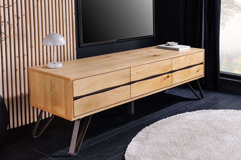 Massives TV-Lowboard LIVING EDGE 160cm natur Eichenholz Baumkante mit Hairpin Legs