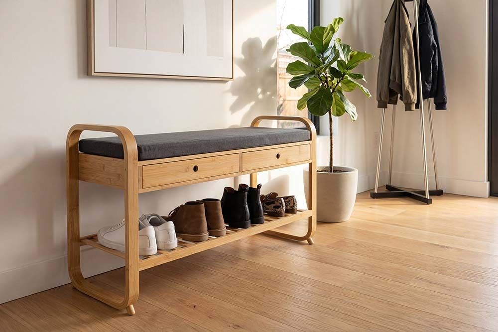 Stilvolle Schuhbank ZEN-BO 100cm natur grau Bambus Regal Sitzbank mit Schubladen