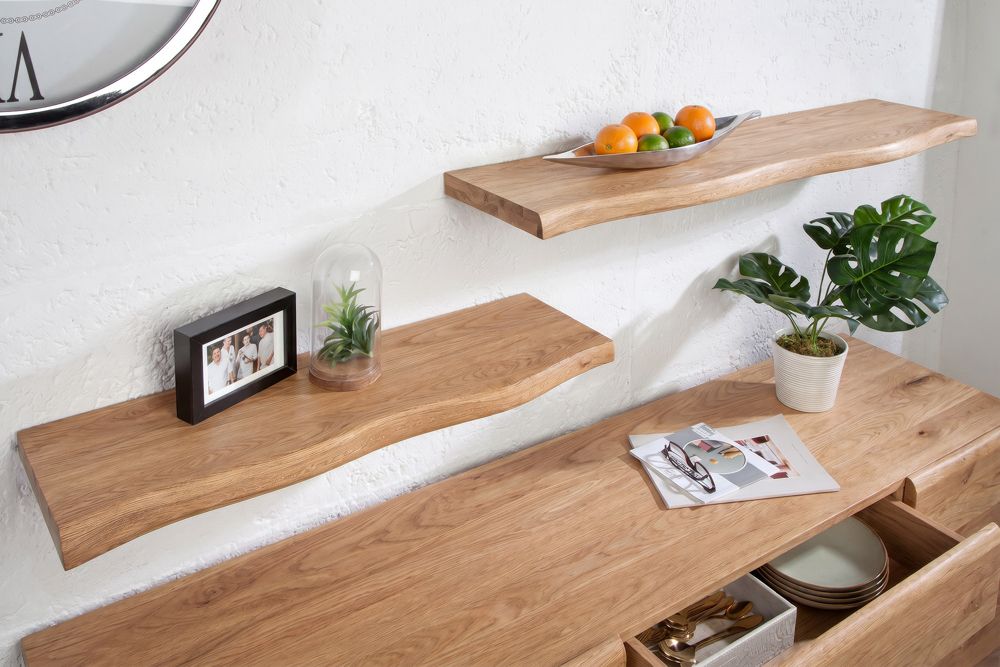 Massives Wandregal GRAND OAK 80cm natur geöltes Eichenholz Baumkante handmade