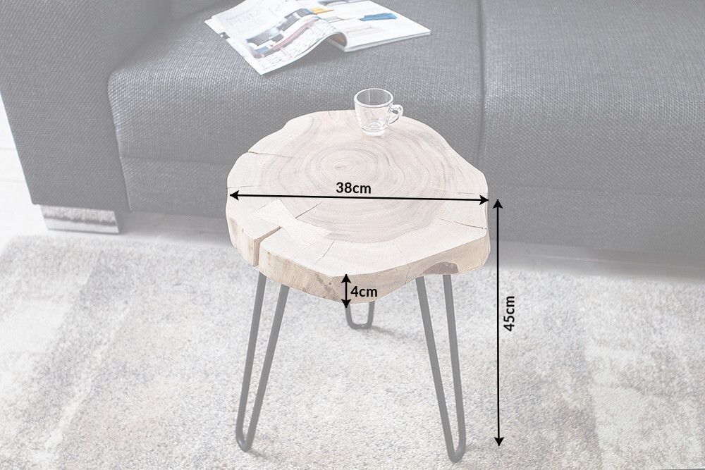 Massivholz Beistelltisch GOA 40cm natur Akazie Baumstamm Metall schwarz Hairpin Legs