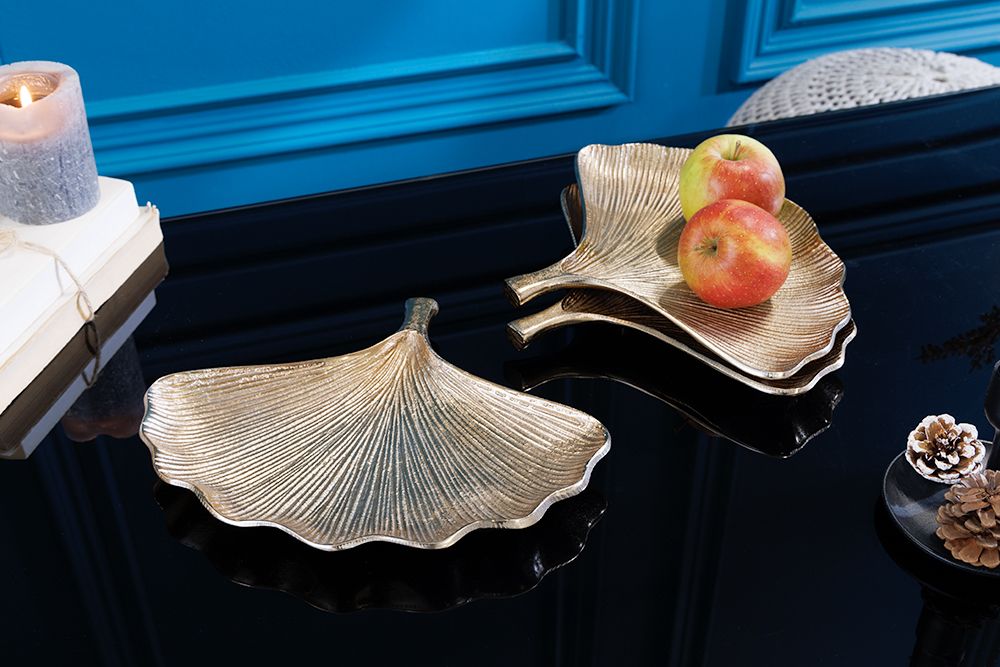 Dekoratives Schalen 3er Set GINKGO 30cm gold handmade Metall