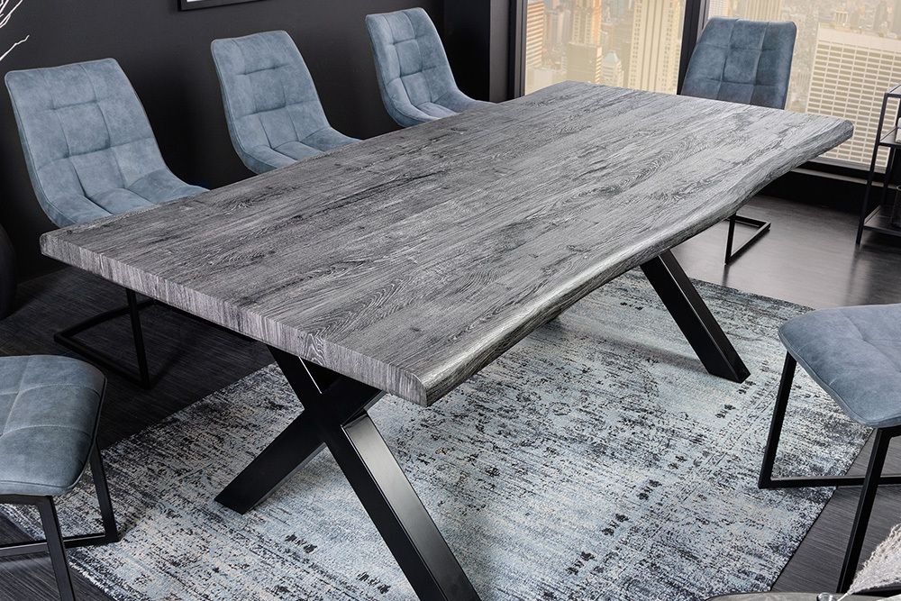 Industrial Esstisch WILD 160cm grau gekälkt Wildeiche-Design Baumkante schwarz  X-Gestell