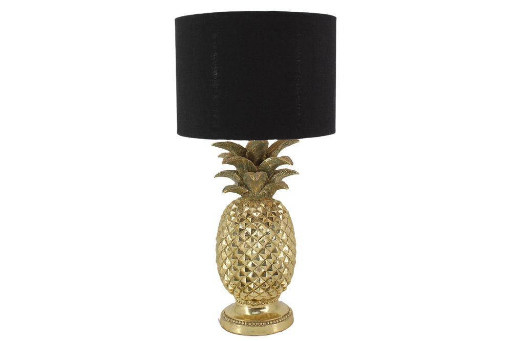 Handgefertigte Tischlampe PINEAPPLE 50cm gold schwarz Ananas-Design mit Stoffschirm