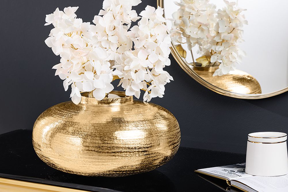 Moderne Deko Vase ABSTRACT ORIENT 35cm gold rund Metall Hammerschlag-Design