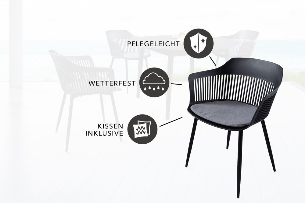 Design Stuhl AIRE schwarz Kunststoff Stahlgestell Indoor Outdoor inkl. Kissen