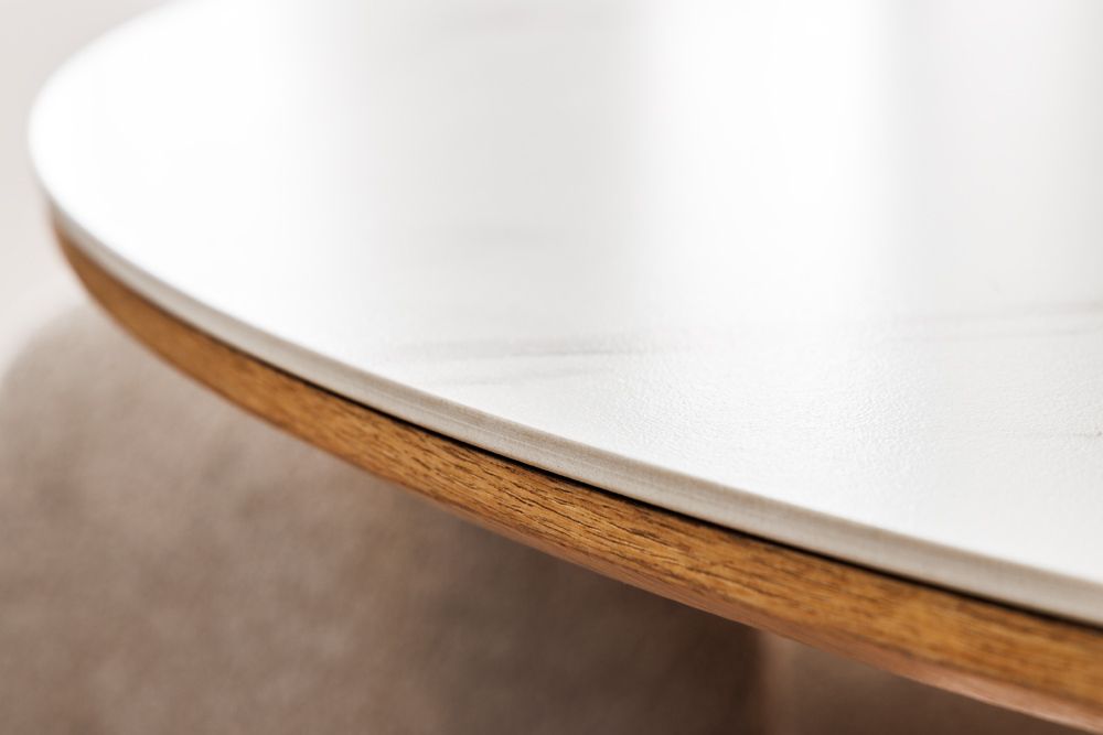 Runder Esstisch UNIQUE 120cm weiß natur Eichenholz Keramik Marmor Säulenfuß