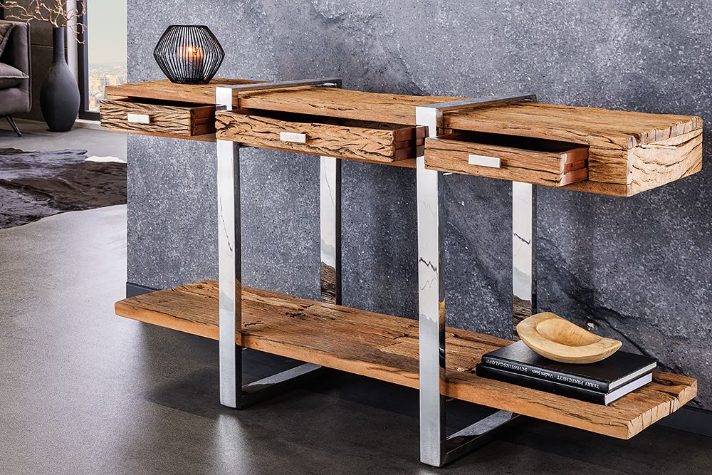 Massivholz Konsolentisch BARRACUDA 140cm braun Teakholz silber Edelstahl verchromt mit Schubladen