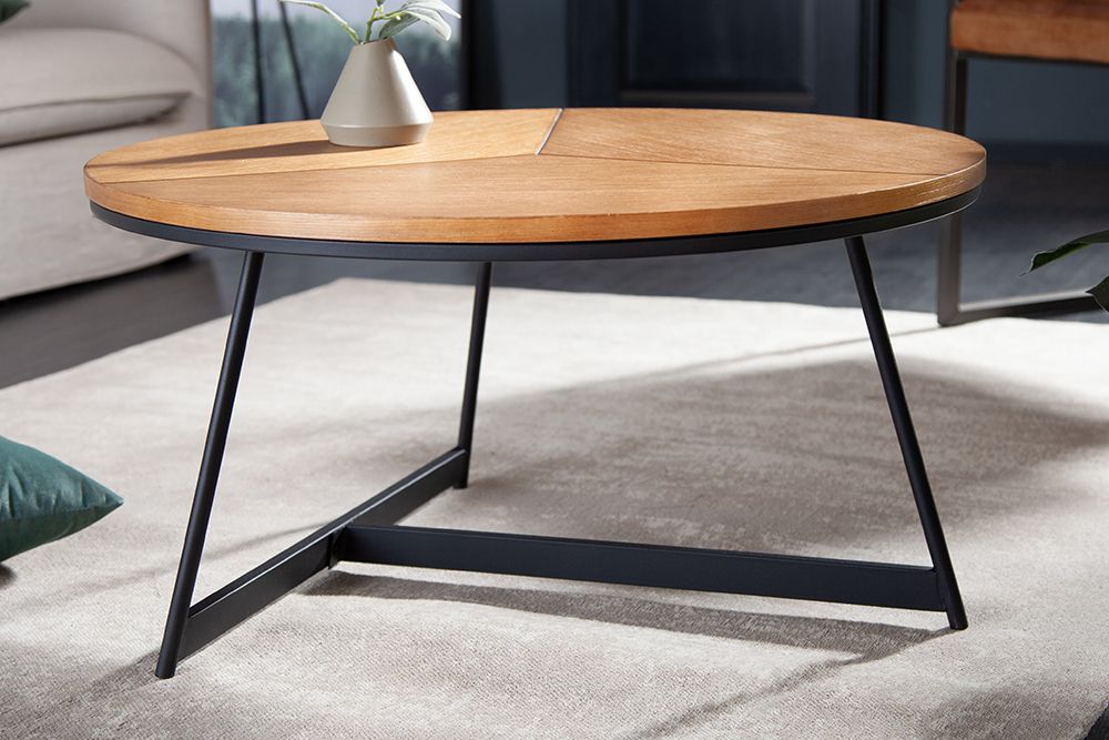 Runder Couchtisch OAK ELEGANCE 80cm Eiche Holz-Design schwarzes Metallgestell